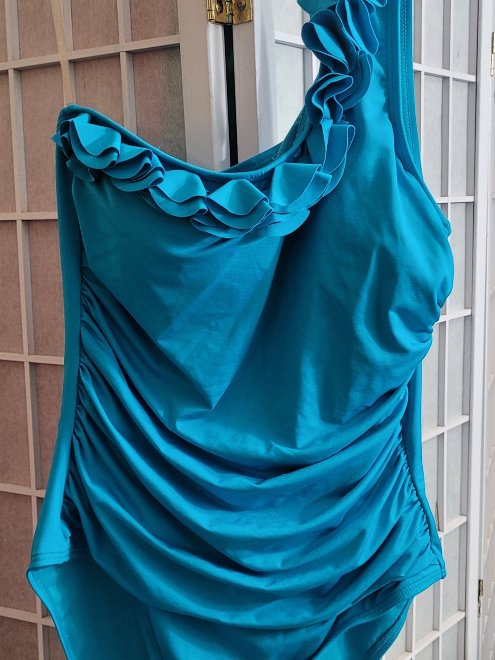Kenneth Cole New York, Turquoise One-Shoulder Ruffle Swimsuit, Size L.
